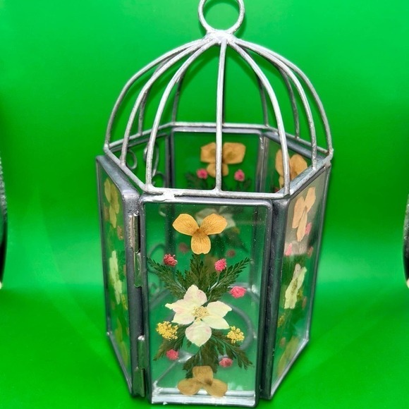 Vintage Glass Pressed Flowers Bird Cage Votive Candle Holder - Picture 4 of 7